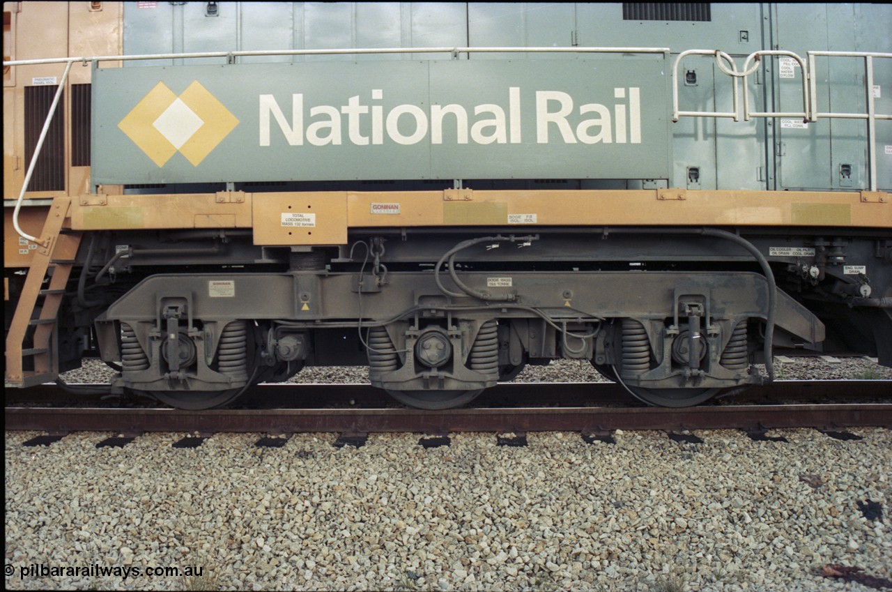 199-13
Meckering, National Rail NR class unit NR 20 Goninan built GE Cv40-9i model, bogie view of no. 2 end on train 7PM5 as it waits for a cross with the Prospector in the loop 1400 hrs 21st June 1997.
Keywords: NR-class;NR20;Goninan;GE;CV40-9i;7250-04/97-222;