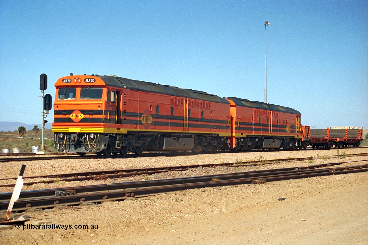 244-05
Port Augusta yard, a pair of ALF class units on the Darwin line construction shunt a rail transport waggon. ALF 20 and ALF 18 are both Morrison Knudsen rebuilds, model JT26C-2M serials 94-AN-020 and 94-AN-018.
Keywords: ALF-class;ALF18;ALF20;MKA;EMD;JT26C-2M;94-AN-018;94-AN-020;rebuild;AL-class;Clyde-Engineering;EMD;JT26C;