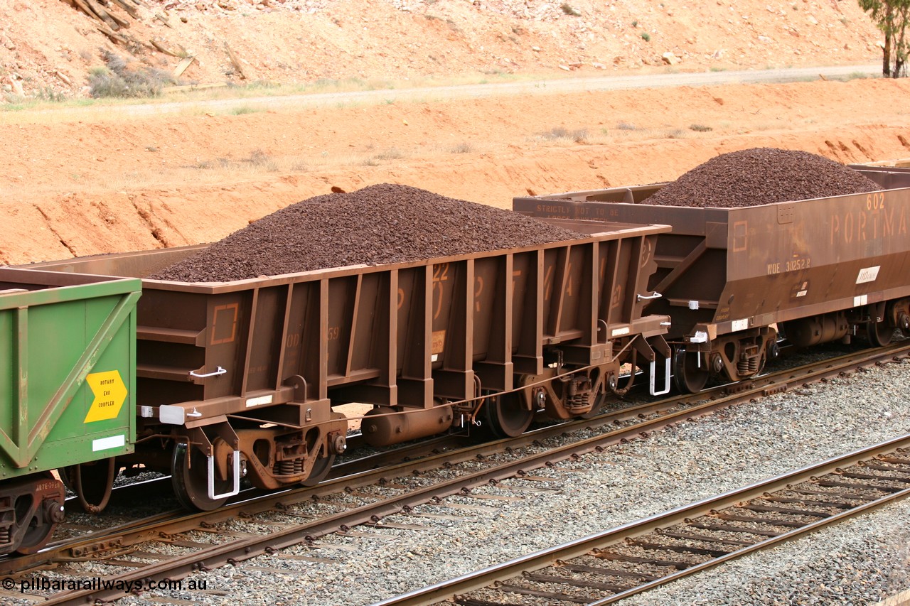 060116 2680
WOD type iron ore waggon WOD 31459 is one of a batch of sixty two built by Goninan WA between April and August 2000 with serial number 950086-031 and fleet number 522 for Koolyanobbing iron ore operations with a 75 ton capacity build date 06/2000, for Portman Mining to cart their Koolyanobbing iron ore to Esperance, West Kalgoorlie 16th January 2006.
Keywords: WOD-type;WOD31459;Goninan-WA;950086-031;
