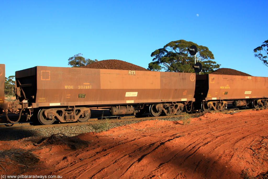 100731 02393
WOE type iron ore waggon WOE 30269 is one of a batch of one hundred and thirty built by Goninan WA between March and August 2001 with serial number 950092-019 and fleet number 613 for Koolyanobbing iron ore operations, on loaded train 6413 at Binduli Triangle, 31st July 2010.
Keywords: WOE-type;WOE30269;Goninan-WA;950092-019;