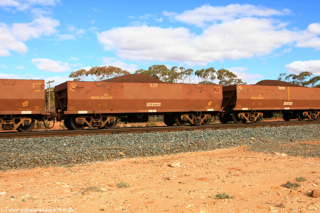 100731 02845
WOE type iron ore waggon WOE 33331 is one of a batch of one hundred and forty one built by United Goninan WA between November 2005 and April 2006 with serial number 950142-036 and fleet number 830 for Koolyanobbing iron ore operations, on loaded train 7415 at Binduli Triangle, 31st July 2010.
Keywords: WOE-type;WOE33331;United-Goninan-WA;950142-036;