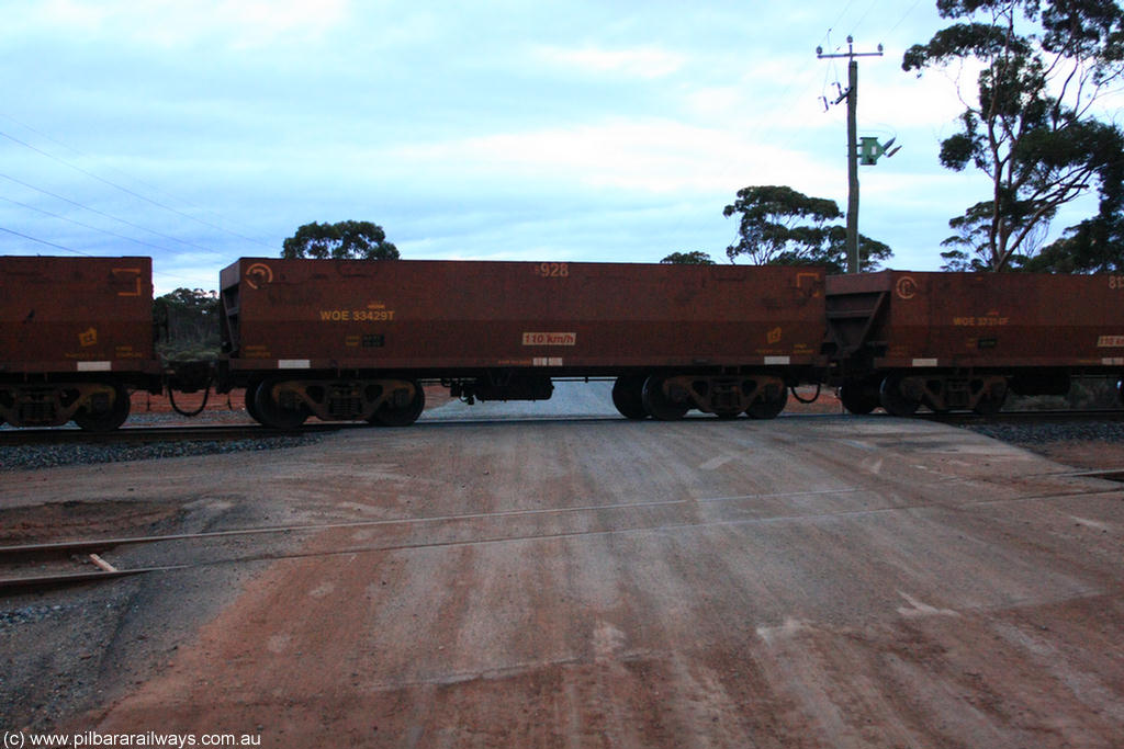 100822 6214
WOE type iron ore waggon WOE 33429 is one of a batch of one hundred and forty one built by United Group Rail WA between November 2005 and April 2006 with serial number 950142-134 and fleet number 8928 for Koolyanobbing iron ore operations, on empty train 1416 at Hampton, 22nd August 2010.
Keywords: WOE-type;WOE33429;United-Group-Rail-WA;950142-134;