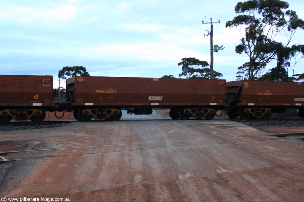 100822 6252
WOE type iron ore waggon WOE 33525 is one of a batch of one hundred and twenty eight built by United Group Rail WA between August 2008 and March 2009 with serial number 950211-065 and fleet number 9038 for Koolyanobbing iron ore operations, on empty train 1416 at Hampton, 22nd August 2010.
Keywords: WOE-type;WOE33525;United-Group-Rail-WA;950211-065;