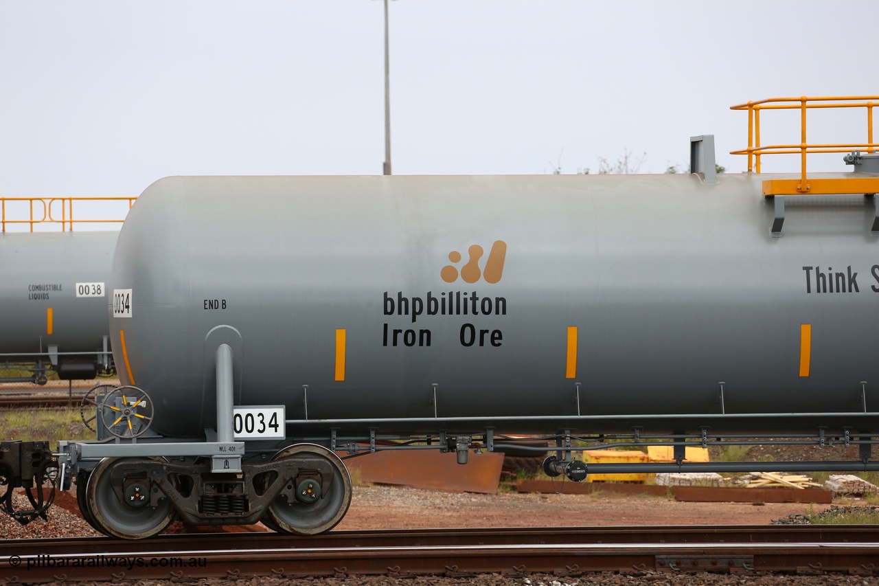 150523 8214
Nelson Point Yard, BHP Billiton diesel fuel tank waggon 0034, view of B End, built in China by CNR - QRRS.
Keywords: CNR-QRRS-China;BHP-tank-waggon;
