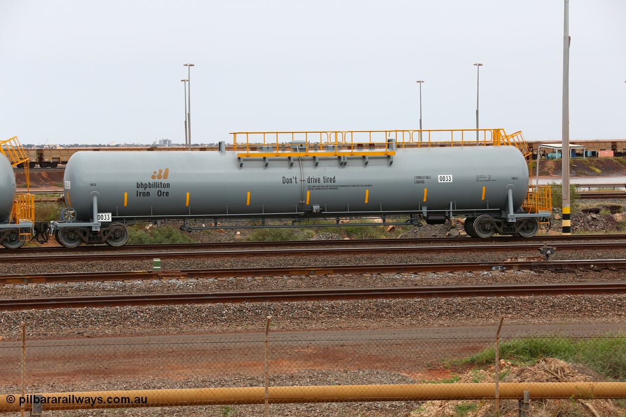 150523 8224
Nelson Point Yard, BHP Billiton diesel fuel tank waggon 0033 with safety slogan 'Don't drive tired', total capacity of 117 m3 for a nominal capacity of 113 m3 built in China by CNR - QRRS.
Keywords: CNR-QRRS-China;BHP-tank-waggon;