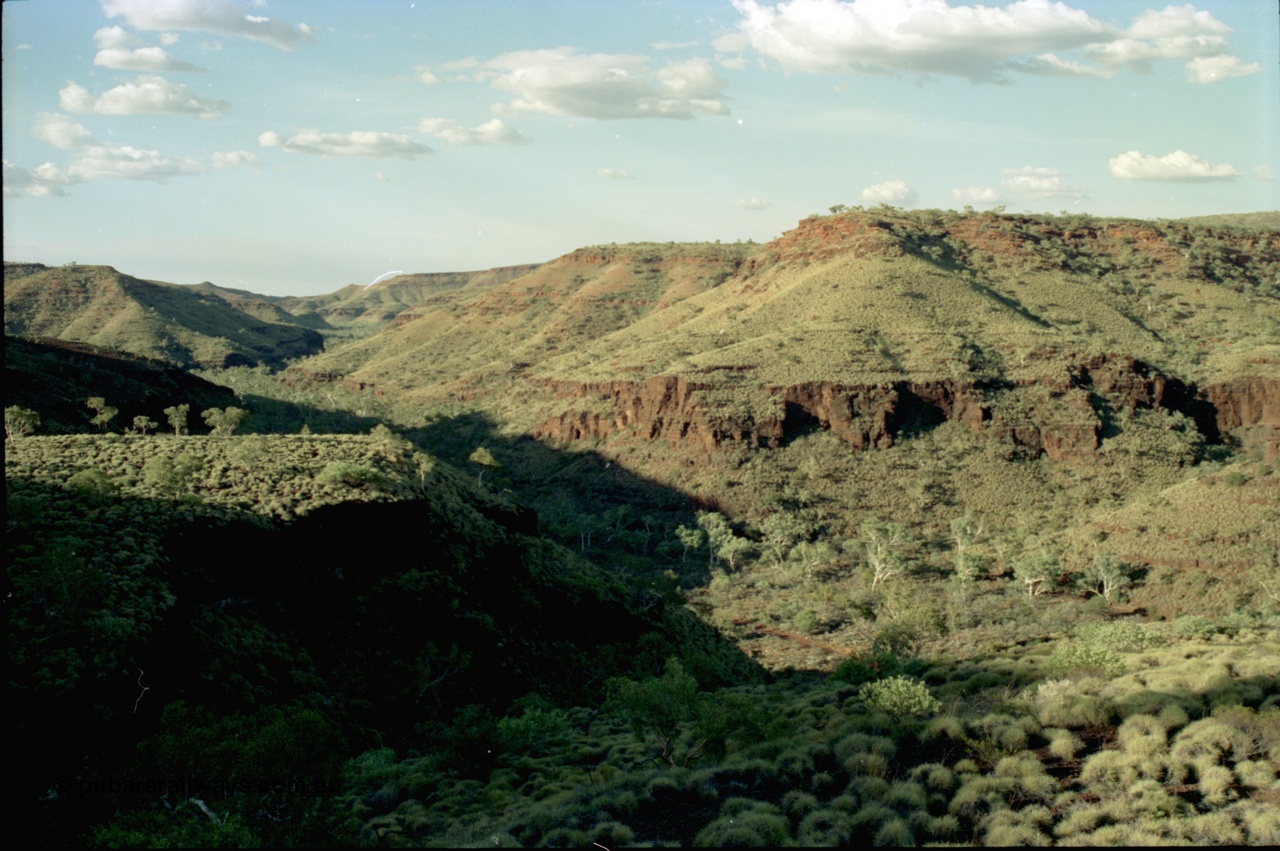 195-06
Wittenoom, Bee Gorge, view from top of cat walk looking north, track can be made out in the bottom of gorge.

