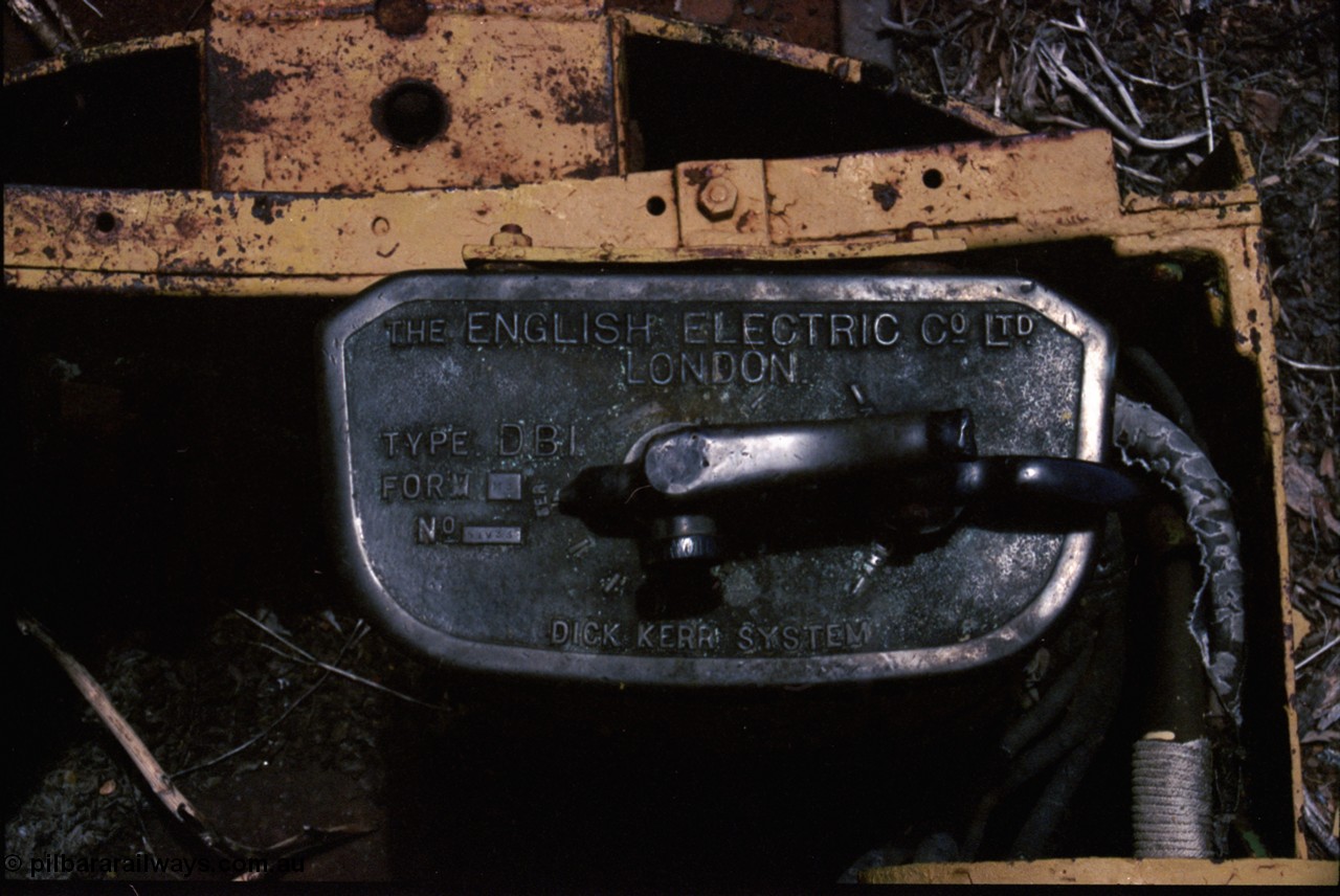 197-24
Wittenoom, Colonial Mine, top of control stand for locomotive with No.1 battery box, English Electric Co. D.B.1. Form M3, Dick Kerr System, commonly referred to as the Dick Kerr DB1 controller.
Keywords: Dick-Kerr;DB1;English-Electric;