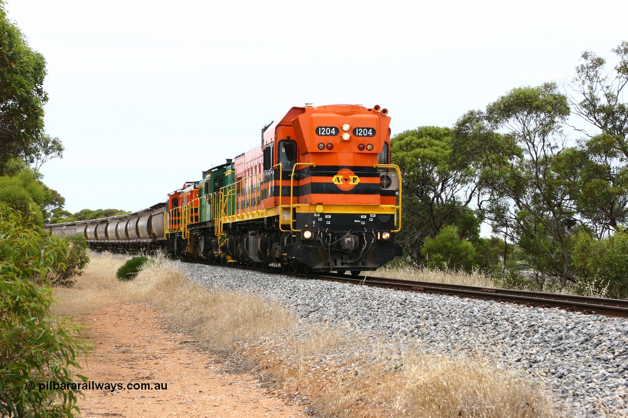 060110 2158
Near the 64 km between Pillana and Cummins, empty grain train behind ARG 1200 class unit 1204, a Clyde Engineering EMD model G12C serial 65-428, originally built for the WAGR as the final unit of fourteen A class locomotives in 1965 then sent to the Eyre Peninsula in July 2004, and two 830 class AE Goodwin built ALCo model DL531 units 842 serial 84140 ex SAR broad gauge to Eyre Peninsula in October 1987, and 851 serial 84137 new to Eyre Peninsula in 1962. [url=https://goo.gl/maps/NECDZnDkLfv]Approx. location of photo[/url].
Keywords: 1200-class;1204;Clyde-Engineering-Granville-NSW;EMD;G12C;65-428;A-class;A1514;830-class;842;851;AE-Goodwin;ALCo;DL531;84137;84140;