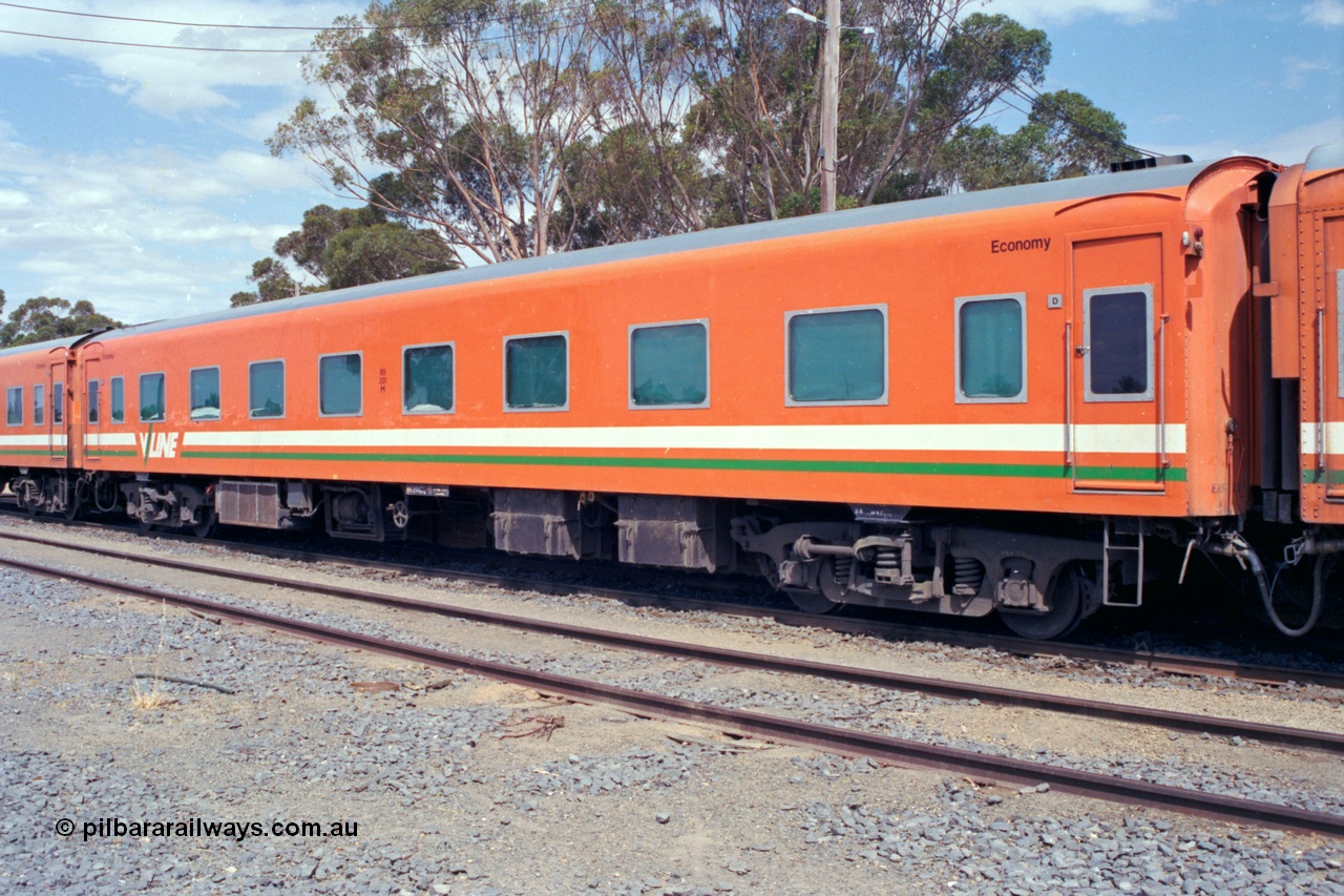 118-24
Cobram, V/Line broad gauge BS type bogie passenger carriage BS 201 part of Z set Z 56. Originally built by Newport Workshops in March 1949 as an AS type First Class sitting car for the Spirit of Progress AS 11, recoded in June 1982 to BS type BS 1 (2nd), then in August 1984 to BS 201.
Keywords: BS-type;BS201;Victorian-Railways-Newport-WS;AS-type;AS11;BS1;