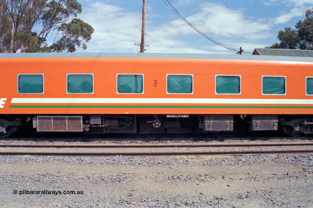 118-25
Cobram, V/Line broad gauge BS type bogie passenger carriage BS 201 part of Z set Z 56. Originally built by Newport Workshops in March 1949 as an AS type First Class sitting car for the Spirit of Progress AS 11, recoded in June 1982 to BS type BS 1 (2nd), then in August 1984 to BS 201.
Keywords: BS-type;BS201;Victorian-Railways-Newport-WS;AS-type;AS11;BS1;