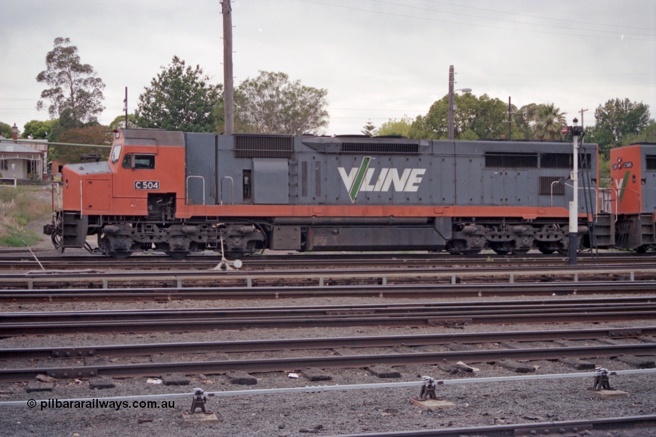 121-01
Albury loco depot, standard gauge V/Line C class C 504 Clyde Engineering EMD model GT26C serial 76-827, LHS view across yard.
Keywords: C-class;C504;Clyde-Engineering-Rosewater-SA;EMD;GT26C;76-827;