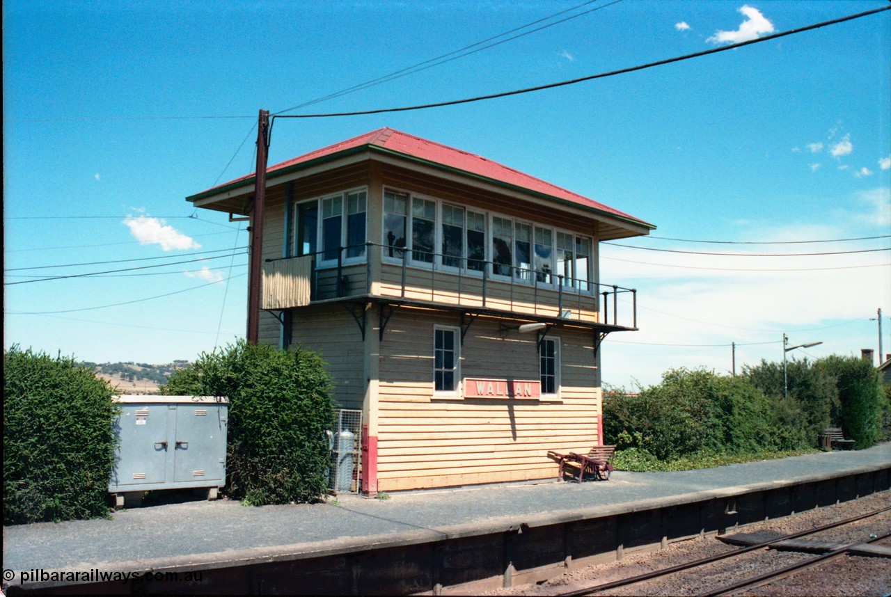 145-14
Wallan signal box was a rarity in that all interlocking connections went out behind the box rather than out through the platform coping, it is located on the up platform, view across pit from down platform.
