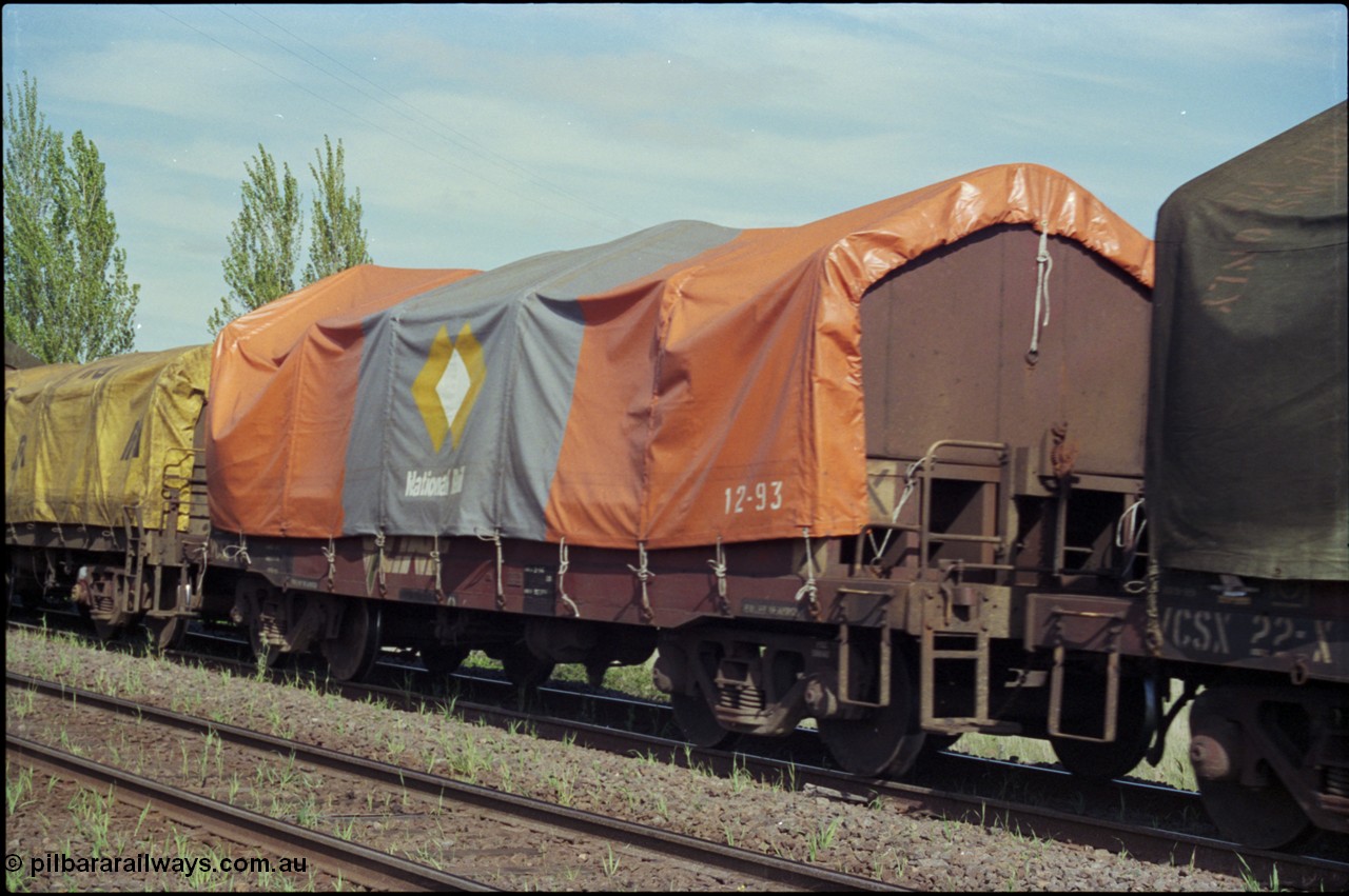 179-27
Gheringhap, V/Line broad gauge VCSX type bogie coil steel waggon VCSX 11 with a new National Rail tarpaulin, in the consist of 9169 goods train to Adelaide, originally built by the Victorian Railways at Newport Workshops 18th November 1966 as a CSX type.
Keywords: VCSX-type;VCSX11;CSX-type;