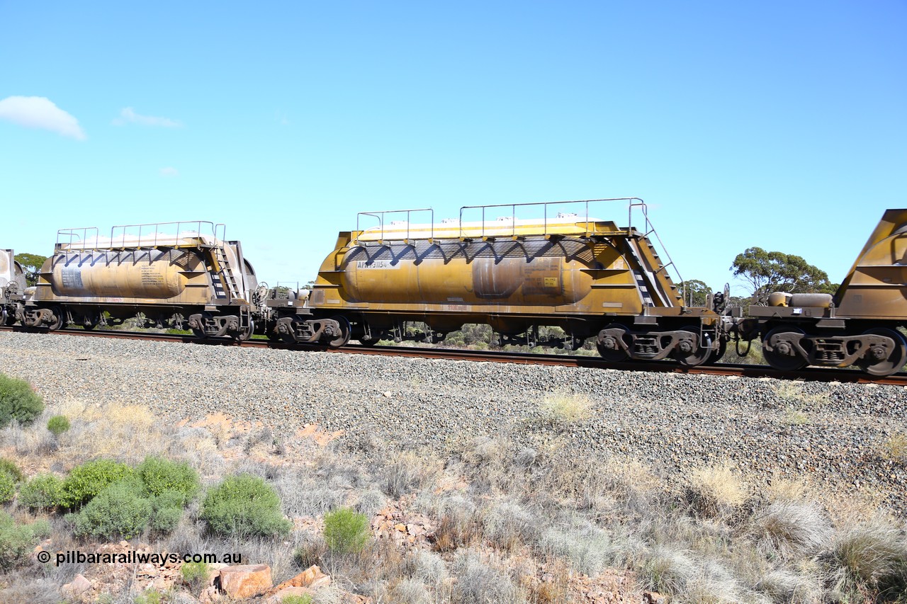 161111 2462
Binduli, Kalgoorlie Freighter train 5025, waggon APNY 31154, one of twelve built by WAGR Midland Workshops in 1974 as WNA type pneumatic discharge nickel concentrate waggon, WAGR built and owned copies of the AE Goodwin built WN waggons for WMC.
Keywords: APNY-type;APNY31154;WAGR-Midland-WS;WNA-type;