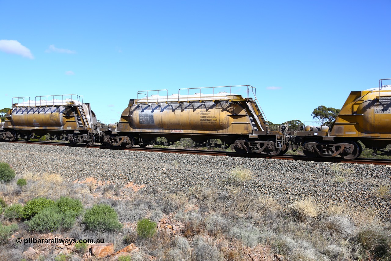 161111 2463
Binduli, Kalgoorlie Freighter train 5025, waggon APNY 31155, one of twelve built by WAGR Midland Workshops in 1974 as WNA class pneumatic discharge nickel concentrate waggon, WAGR built and owned copies of the AE Goodwin built WN waggons for WMC.
Keywords: APNY-type;APNY31155;WAGR-Midland-WS;WNA-type;