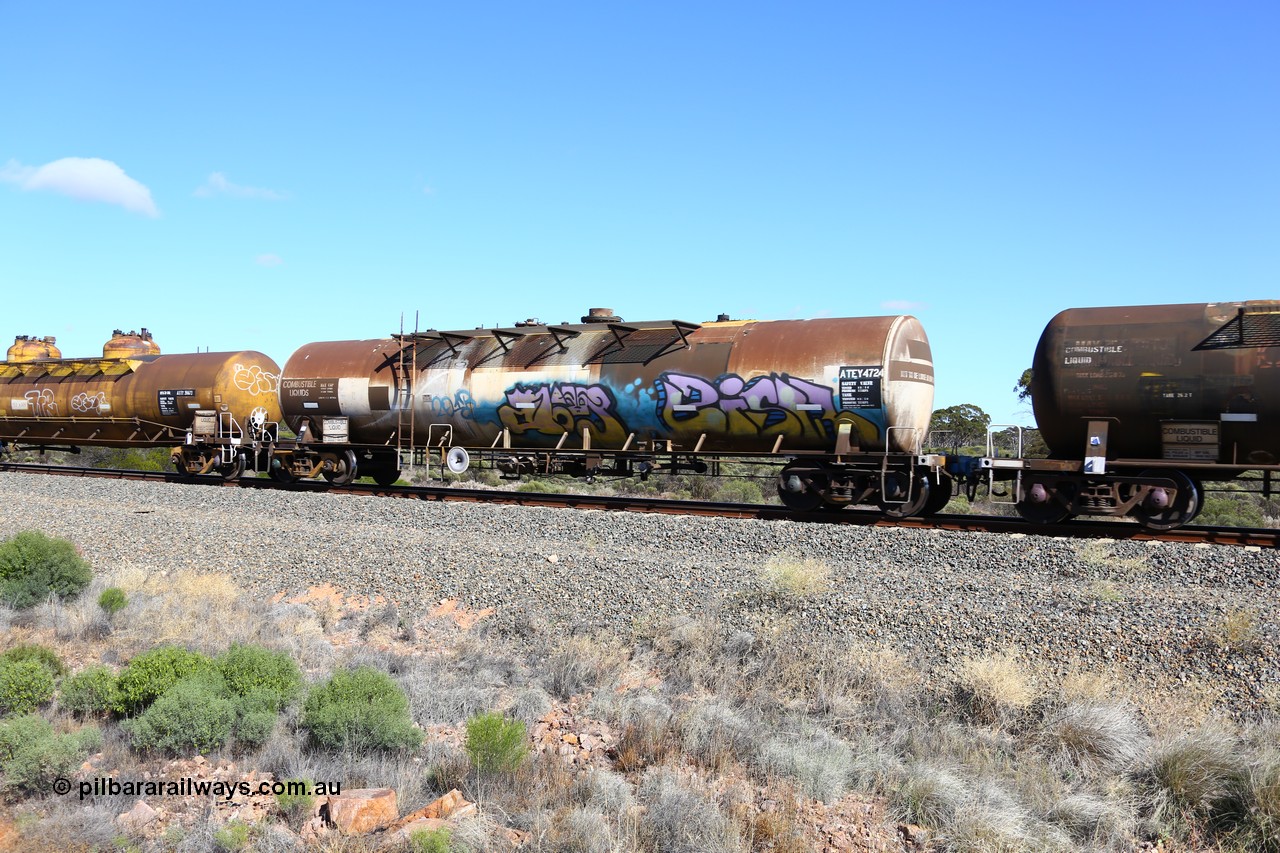 161111 2470
Binduli, Kalgoorlie Freighter train 5025, ATEY 4724 diesel fuel tank waggon in service for BP Oil, former NSW AMPOL NTAF tank, coded WTEY when arrived in WA.
Keywords: ATEY-type;ATEY4724;NTAF-type;WTEY-type;
