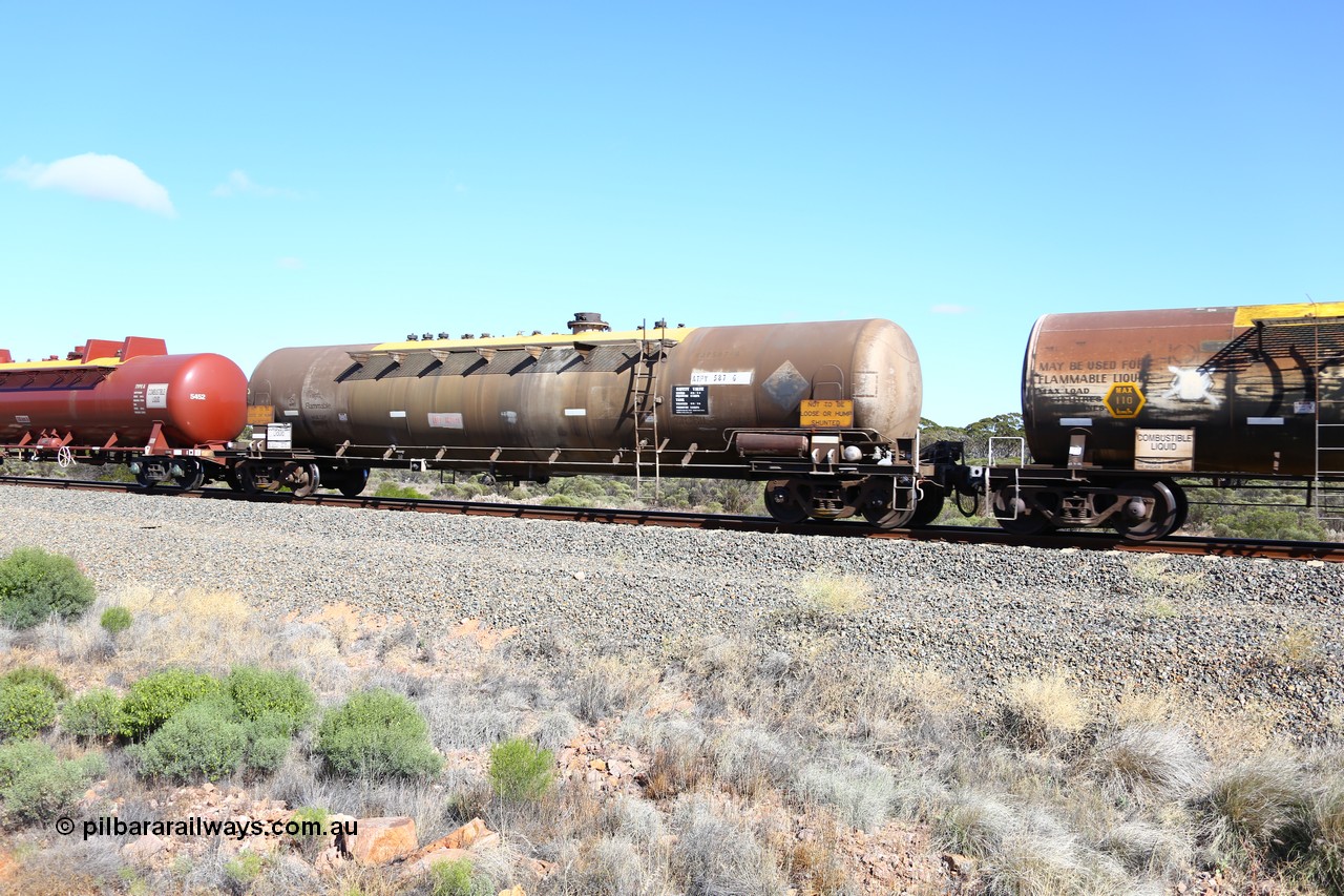 161111 2476
Binduli, Kalgoorlie Freighter train 5025, diesel fuel tank waggon ATPY 587 built by Westrail Midland Workshops in 1978 for Mobil, later sold to BP, as type WJP then recoded to WJPY, 80.66 kL one compartment one dome, original code and fleet no. visible, with a capacity now of 80000 litres.
Keywords: ATPY-type;ATPY587;WAGR-Midland-WS;WJP-type;WJPY-type;