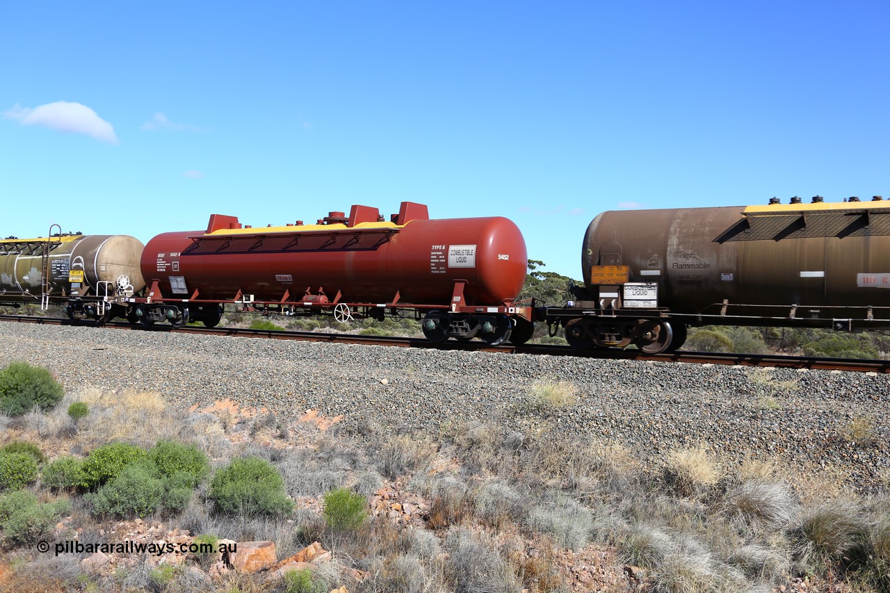 161111 2477
Binduli, Kalgoorlie Freighter train 5025, NTAY type fuel tank waggon NTAY 5452, orignally built by Indeng Qld for Mobil as part of a batch of seven NTAF tanks in 1981 as NTAF 452. Refurbished by Gemco WA for BP Oil, capacity of 61000 litres.
Keywords: NTAY-type;NTAY5452;Indeng-Qld;NTAF-type;NTAF452;