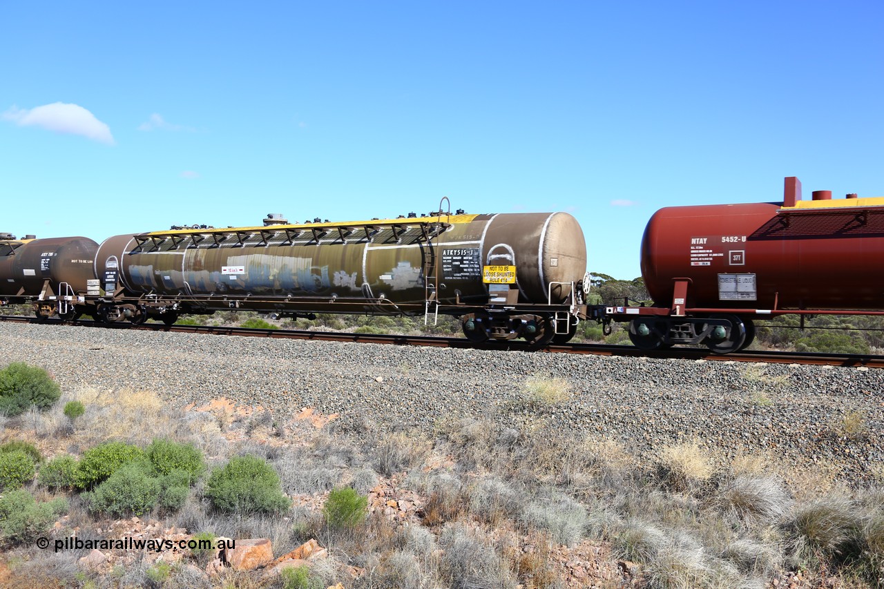161111 2478
Binduli, Kalgoorlie Freighter train 5025, ATKY 515 fuel tank waggon built by Tulloch Ltd NSW in 1971 along with sister 516 for BP Oil as WJK type 93,000 litres three compartment and three domes, refurbished by Gemco WA Dec 2015, current capacity is probably 80500 litres in line with the rest of the fleet.
Keywords: ATKY-type;ATKY515;Tulloch-Ltd-NSW;WJK-type;