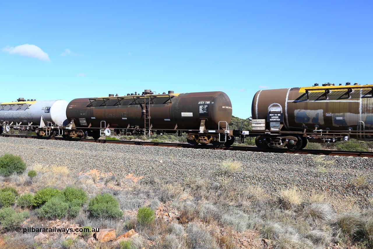 161111 2479
Binduli, Kalgoorlie Freighter train 5025, diesel fuel tank waggon ATEY 7315, BP Oil service, ex Ampol, other codes include ex NSW NTAF, WTEF and WTEY.
Keywords: ATEY-type;ATEY7315;NTAF-type;WTEF-type;WTEY-type;