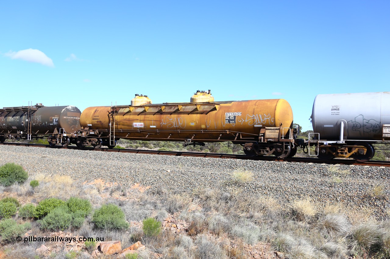 161111 2481
Binduli, Kalgoorlie Freighter train 5025, ATTY 30675 diesel fuel tank waggon, one of five built by AE Goodwin NSW in 1970/71 as WST class, recoded to WSTY and then ATTY. 78600 litre capacity.
Keywords: ATTY-type;ATTY30675;AE-Goodwin;WST-type;WSTY-type;