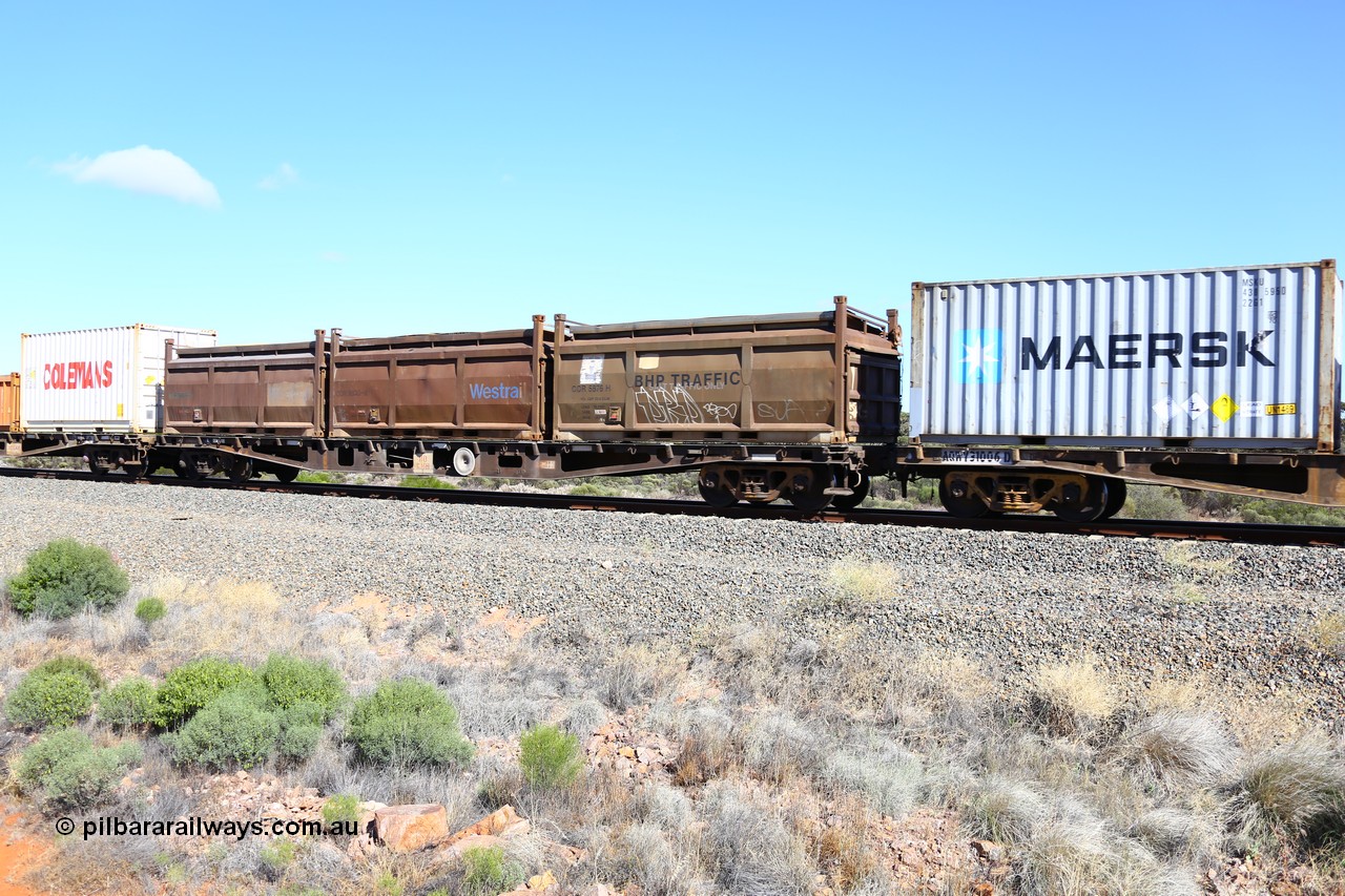 161111 2486
Binduli, Kalgoorlie Freighter train 5025, container flat waggon AQWY 30203, one of a batch of forty five built by WAGR Midland Workshops in 1974 as WFX type, to WQCX in 1980, seen here loaded with three 20' Westrail COR roll top containers, COR 5876 stencilled for BHP Traffic and also Salt Traffic Only, COR 5830 and COR 5869.
Keywords: AQWY-type;AQWY30203;WAGR-Midland-WS;WFX-type;
