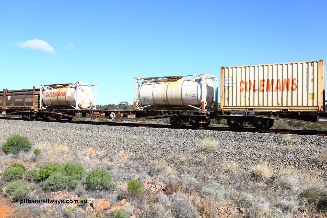 161111 2488
Binduli, Kalgoorlie Freighter train 5025, container flat waggon AQWY 30222, one of a batch of forty five built by WAGR Midland Workshops in 1974 as WFX type, to WQCX in 1980, then WQC then back to WQCX. Loaded with two 20' Colemans tanktainers for ammonium nitrate CCTU 500019 and CCTU 500001.
Keywords: AQWY-type;AQWY30222;WAGR-Midland-WS;WFX-type;