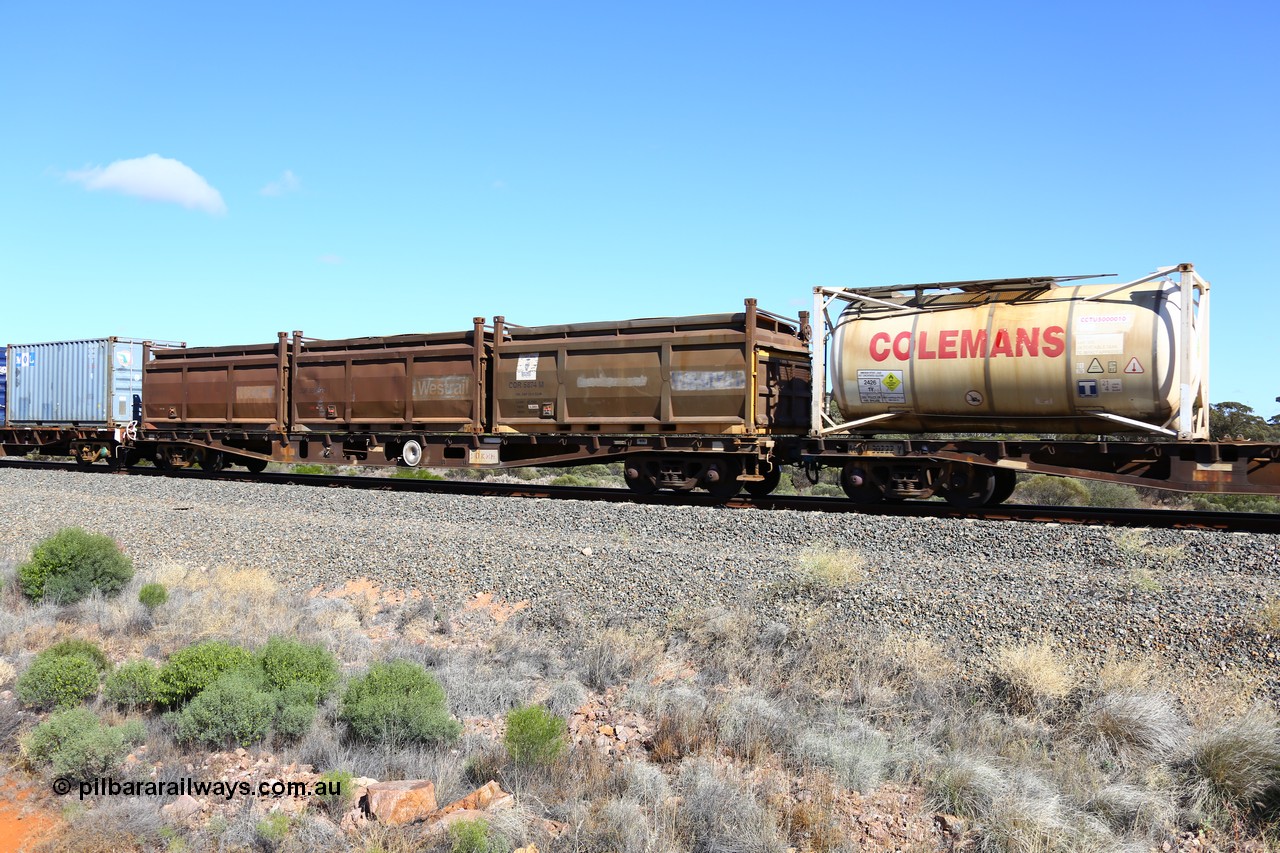 161111 2489
Binduli, Kalgoorlie Freighter train 5025, container flat waggon AQWY 31032, built by Centrecon Ltd WA in 1981 in a batch of thirty five WFA type container waggons, another eighteen were also built by Westrail, to WFAP in 1989, loaded here with three 20' Westrail roll top COR type containers COR 5874, COR 5548 and COR 5773.
Keywords: AQWY-type;AQWY31032;Centrecon-Ltd-WA;WFA-type;WFAP-type;