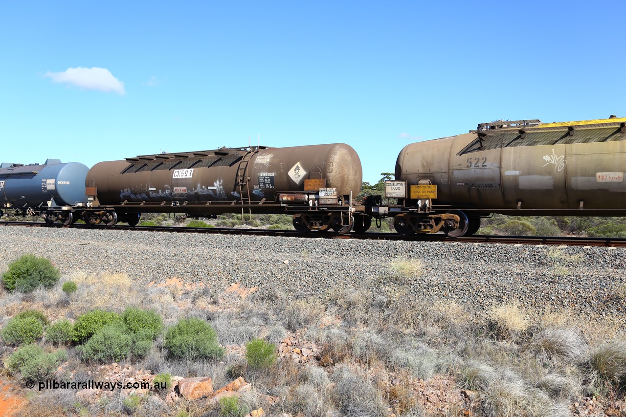 161111 2513
Binduli, Kalgoorlie Freighter train 5025, waggon ATPY 593 fuel tank waggon built by WAGR Midland Workshops in 1976 as one of four WJP type for AMPOL, capacity of 80500 litres, here in Caltex service.
Keywords: ATPY-type;ATPY593;WAGR-Midland-WS;WJP-type;WJPY-type;