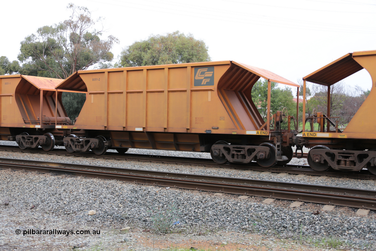140601 4452
Woodbridge, empty Carina bound iron ore train #1035, CFCLA leased CHEY type waggon CHEY 8051-2 part of a pair of 120 sets built by Bluebird Rail Operations SA in 2011-12. 1st June 2014.
Keywords: CHEY-type;CHEY8051;Bluebird-Rail-Operations-SA;2011/120-51;