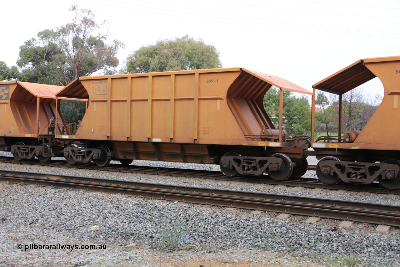 140601 4453
Woodbridge, empty Carina bound iron ore train #1035, CFCLA leased CHEY type waggon CHEY 8051-1 part of a pair of 120 sets built by Bluebird Rail Operations SA in 2011-12. 1st June 2014.
Keywords: CHEY-type;CHEY8051;Bluebird-Rail-Operations-SA;2011/120-51;