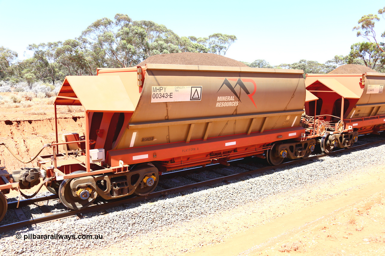 190129 4261
Binduli, on Mineral Resources Ltd loaded iron ore train service from Koolyanobbing to Esperance #3033 with MRL's MHPY type iron ore waggon MHPY 00343 built by CSR Yangtze Co China serial 2014/382-343 in 2014 as a batch of 382 units, these bottom discharge hopper waggons are operated in 'married' pairs.
Keywords: MHPY-type;MHPY00343;2014/382-343;CSR-Yangtze-Co-China;
