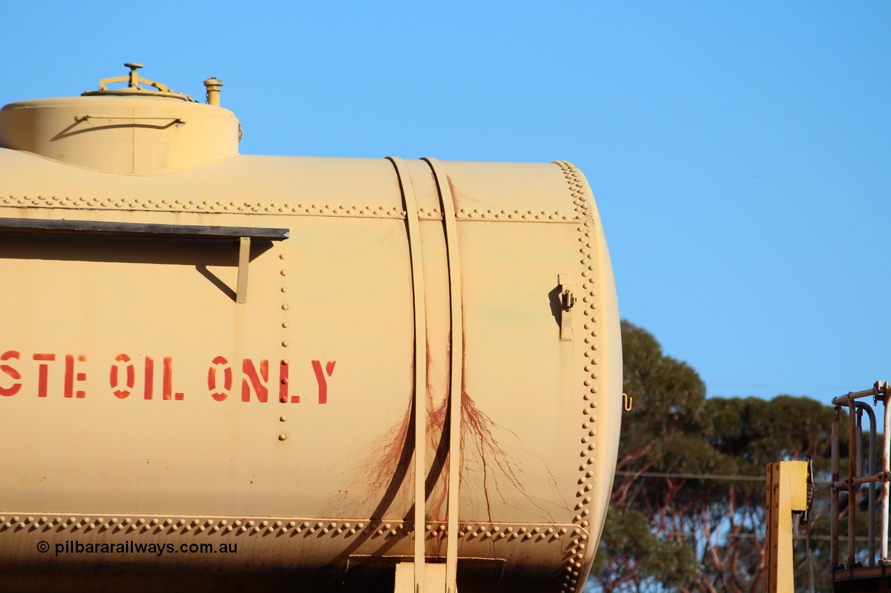 150326 IMG 4335
West Kalgoorlie, AZAY type waste oil waggon AZAY 23439, detail image, this waggon usually operates between Merredin Loco and Forrestfield, not normally seen here in the Goldfields. Peter Donaghy image.
Keywords: Peter-D-Image;AZAY-type;AZAY23439;