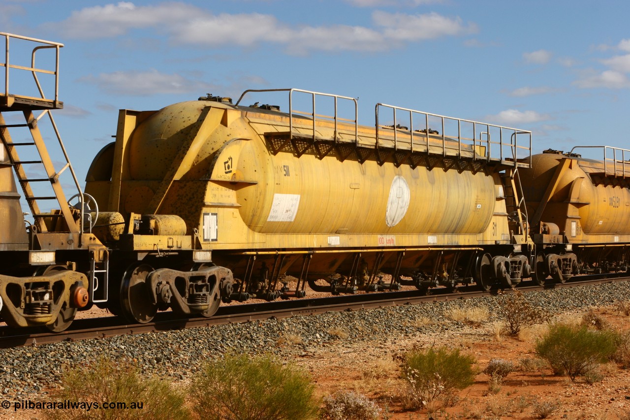 060527 4069
Leonora, WN 511, pneumatic discharge nickel concentrate waggon, one of thirty built by AE Goodwin NSW as WN type in 1970 for WMC.
Keywords: WN-type;WN511;AE-Goodwin;