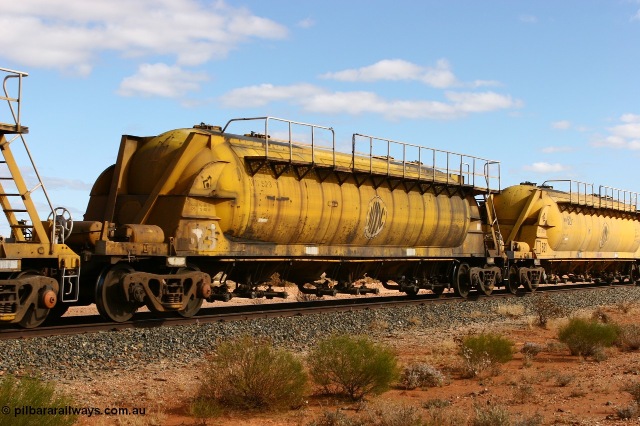 060527 4077
Leonora, WN 523, pneumatic discharge nickel concentrate waggon, one of thirty built by AE Goodwin NSW as WN type in 1970 for WMC.
Keywords: WN-type;WN523;AE-Goodwin;