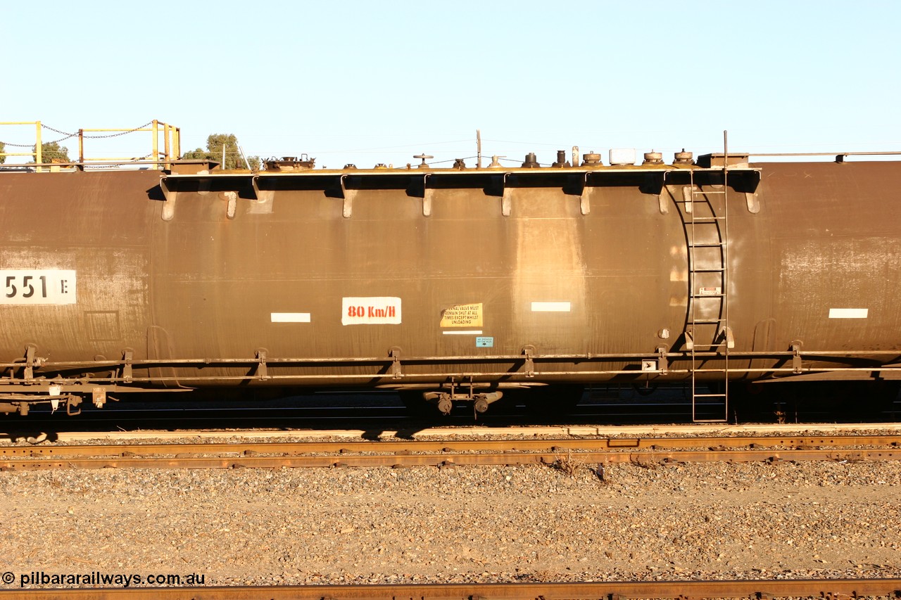 060528 4655
West Kalgoorlie, ATMF 551 fuel tank waggon, one of three built by Tulloch Limited NSW as WJM type in 1971 with a capacity of 96.25 kL one compartment one dome, current capacity of 80500 litres. 551 and 552 for Shell and 553 for BP Oil.
Keywords: ATMF-type;ATMF551;Tulloch-Ltd-NSW;WJM-type;