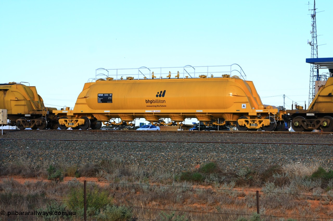 100601 8498
West Kalgoorlie, WNB 544, pneumatic discharge nickel concentrate waggon, one of six units built by Bluebird Rail Services SA in 2010 for BHP Billiton.
Keywords: WNB-type;WNB544;Bluebird-Rail-Operations-SA;