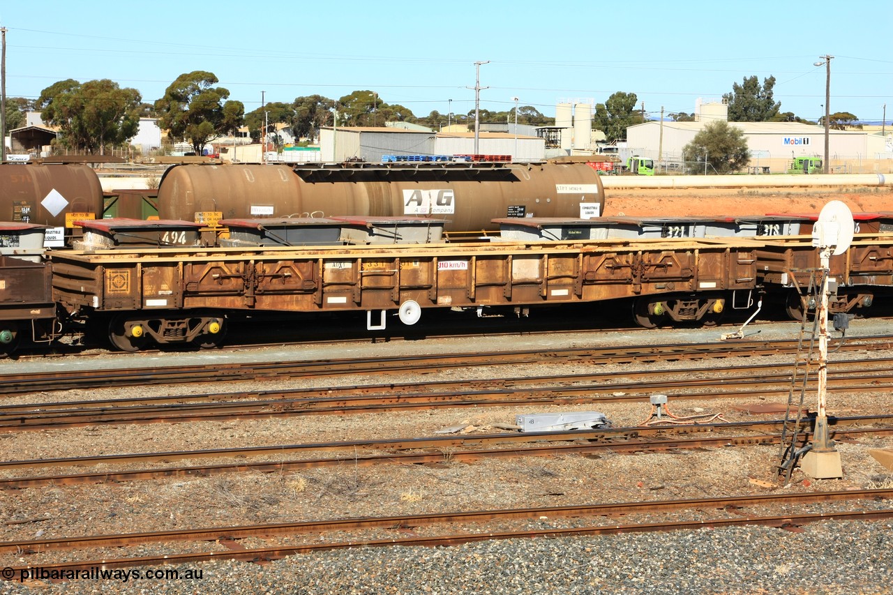 100603 8856
West Kalgoorlie, AOXY 33101, converted to carry nickel matte bulk bags, in WGL traffic. Built by WAGR Midland Workshops in 1969 as the type leader of a batch of fifty eight WGX type open waggons without end doors, in 1981 to WOAX, then AOAY type.
Keywords: AOXY-type;AOXY33101;WAGR-Midland-WS;WGX-type;WOAX-type;