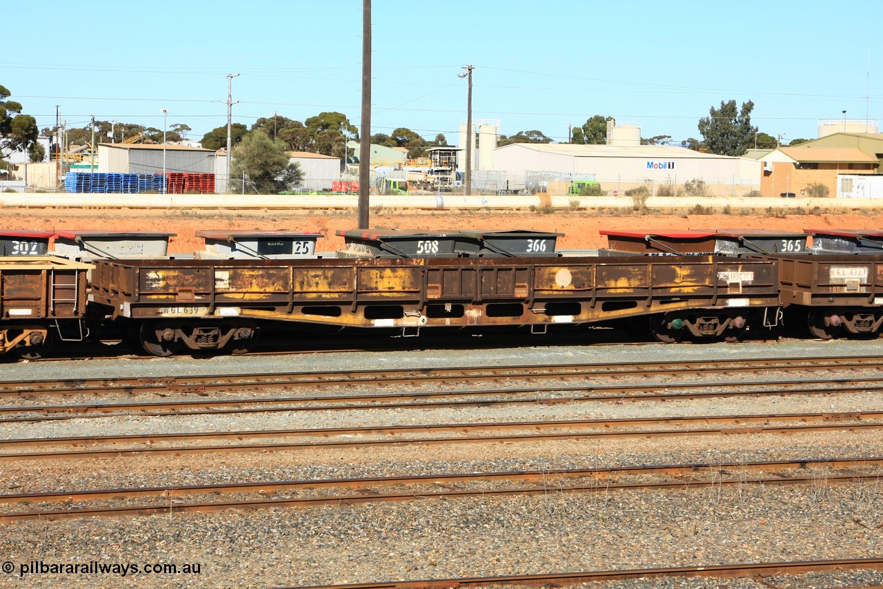 100603 8858
West Kalgoorlie, WGL 639 originally one of ten units built by Westrail Midland Workshops in 1975-76 as WFN type bogie flat waggon for Western Mining Corporation for nickel matte kibble traffic as WFN 603 and converted to WGL for bagged nickel matte in 1984.
Keywords: WGL-type;WGL639;Westrail-Midland-WS;WFN-type;