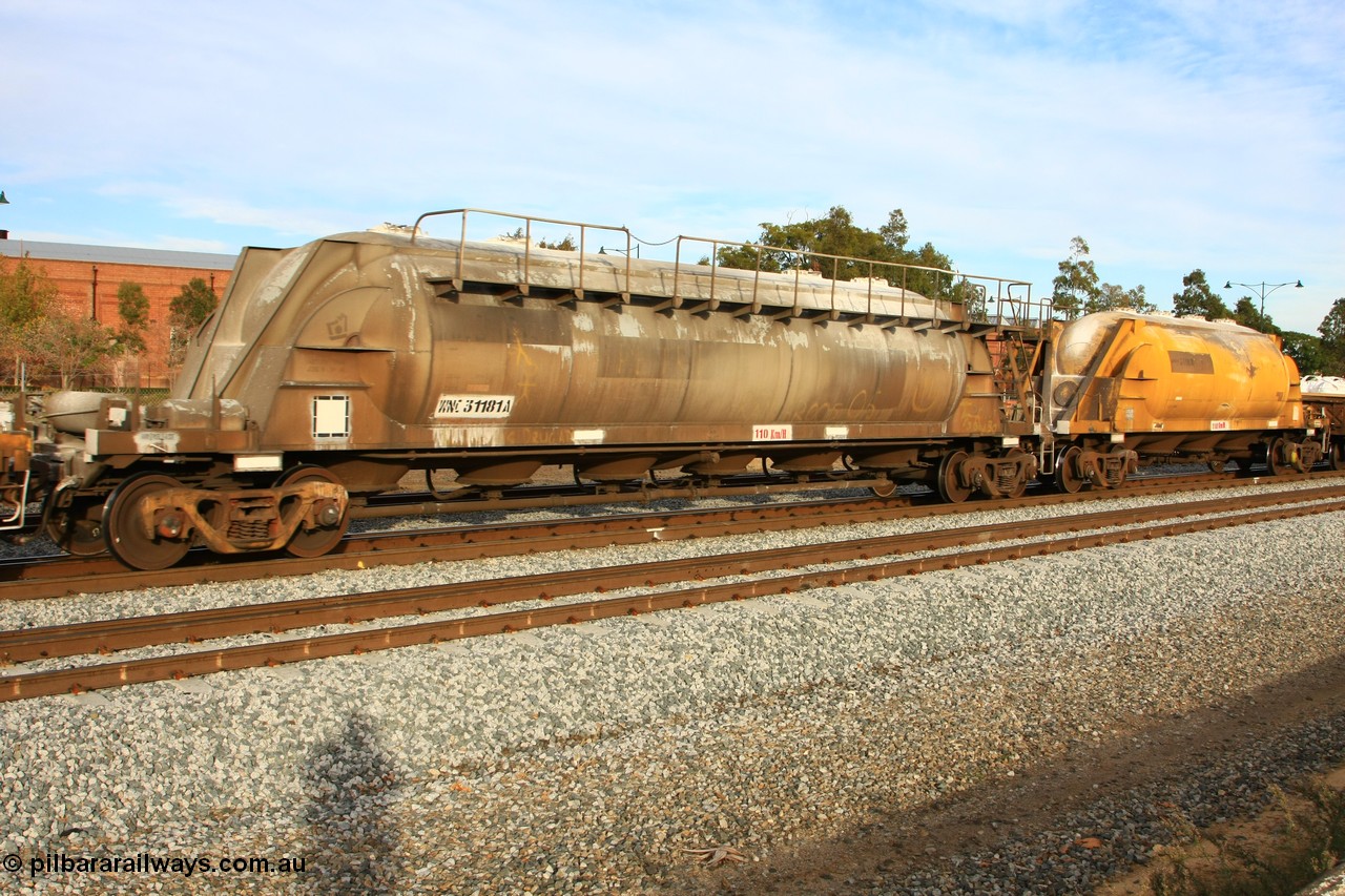 100611 0345
Midland, WNC 31181, one of two WNC type waggons built by Westrail Midland Workshops in 1978 as a pneumatic discharge bulk cement waggon.
Keywords: WNC-type;WNC31181;Westrail-Midland-WS;