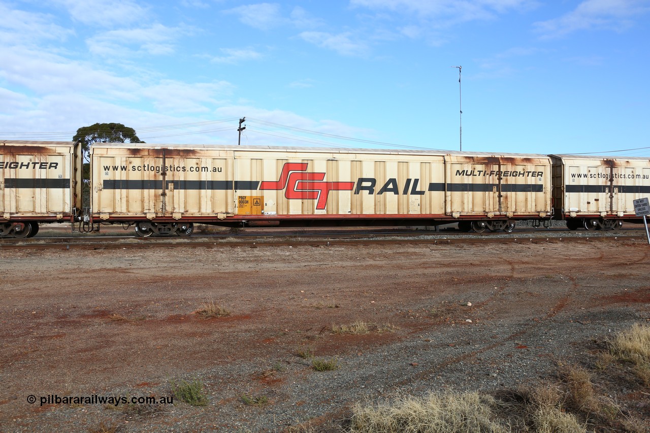 160525 4624
Parkeston, SCT train 3PG1 which operates from Perth to Parkes NSW (Goobang Junction), PBGY type covered van PBGY 0003 Multi-Freighter, one of eighty two waggons built by Queensland Rail Redbank Workshops in 2005.
Keywords: PBGY-type;PBGY0003;Qld-Rail-Redbank-WS;