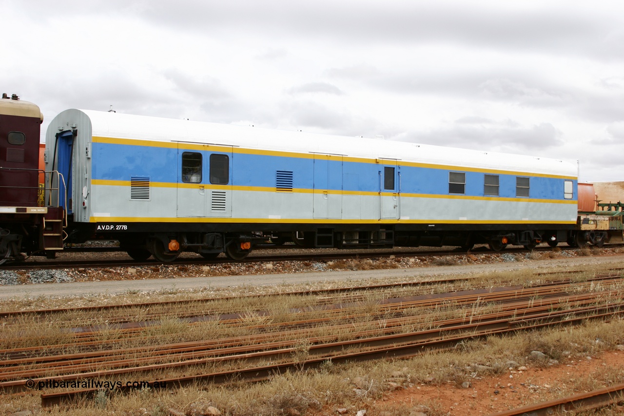 051101 6455
Parkeston, South Spur Rail AVDP type crew accommodation coach AVDP 277, built for the Commonwealth Railways by Comeng NSW as a brake van with sleeping accommodation as HRD type HRD 277 in 1971, modified for relay working in 1977, recoded to AVDY in 1983, then in 2002 leased for MurrayLander service before being sold to South Spur Rail and in this livery from mid 2005.
Keywords: AVDP-type;AVDP277;Comeng-NSW;HRD-type;HRD277;AVDY-type;