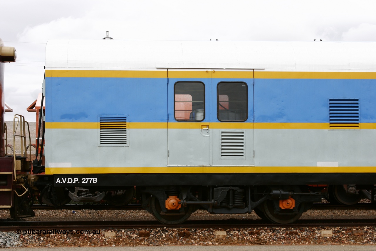 051101 6457
Parkeston, South Spur Rail AVDP type crew accommodation coach AVDP 277, built for the Commonwealth Railways by Comeng NSW as a brake van with sleeping accommodation as HRD type HRD 277 in 1971, modified for relay working in 1977, recoded to AVDY in 1983, then in 2002 leased for MurrayLander service before being sold to South Spur Rail and in this livery from mid 2005.
Keywords: AVDP-type;AVDP277;Comeng-NSW;HRD-type;HRD277;AVDY-type;