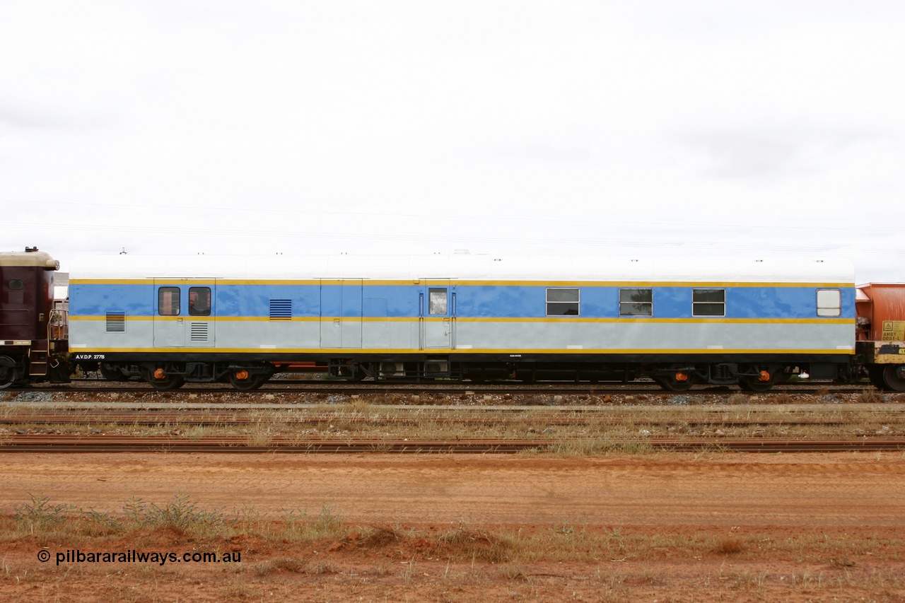 051101 6470
Parkeston, South Spur Rail AVDP type crew accommodation coach AVDP 277, built for the Commonwealth Railways by Comeng NSW as a brake van with sleeping accommodation as HRD type HRD 277 in 1971, modified for relay working in 1977, recoded to AVDY in 1983, then in 2002 leased for MurrayLander service before being sold to South Spur Rail and in this livery from mid 2005.
Keywords: AVDP-type;AVDP277;Comeng-NSW;HRD-type;HRD277;AVDY-type;