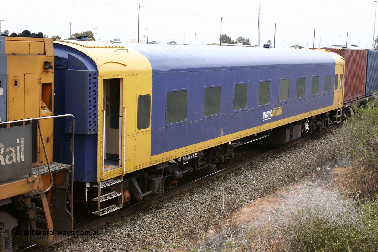 051101 6513
West Kalgoorlie, Pacific National BRS type crew accommodation coach BRS 225, originally built by Victorian Railways Newport Workshops in November 1937 as a rivetted second class sitting car for the Spirit of Progress, in August 1939 coded to BS type BS 4, in July 1977 converted to a mini buffet and coded MRS 1 and then in October 1983 recoded to BRS 225. Painted in V/Line livery in 1992. Ended up with West Coast Railway in the late 1990s, painted in WCR livery Sept 2001, prior to Pacific National ownership and conversion to a crew car.
Keywords: BRS-type;BRS225;Victorian-Railways-Newport-WS;BS-type;BS4;MRS-type;MRS1;