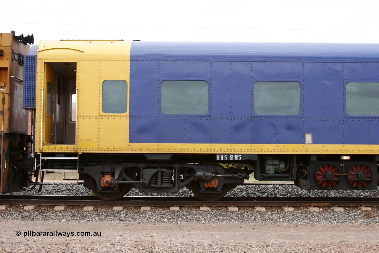 051101 6527
Parkeston, Pacific National BRS type crew accommodation coach BRS 225, originally built by Victorian Railways Newport Workshops in November 1937 as a rivetted second class sitting car for the Spirit of Progress, in August 1939 coded to BS type BS 4, in July 1977 converted to a mini buffet and coded MRS 1 and then in October 1983 recoded to BRS 225. Painted in V/Line livery in 1992. Ended up with West Coast Railway in the late 1990s, painted in WCR livery Sept 2001, prior to Pacific National ownership and conversion to a crew car.
Keywords: BRS-type;BRS225;Victorian-Railways-Newport-WS;BS-type;BS4;MRS-type;MRS1;