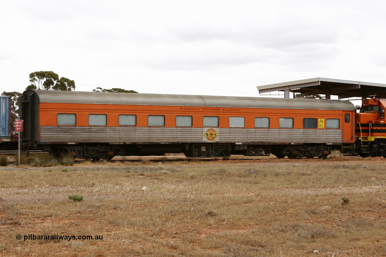 051101 6578
Parkeston, Australian Southern Railroad JRA type crew accommodation coach JRA 6, originally built in 1958 by SAR Islington as corten steel V&SAR Joint Stock roomette sleeping car Tarkinji for The Overland. Recoded to JRA 6 1987. Written off and sold in 1995. Converted to ASR crew car 1999. It is now ADFY 6 with GWA and no longer has the fluted sides.
Keywords: JRA-type;JRA6;SAR-Islington-WS;Tarkinji;