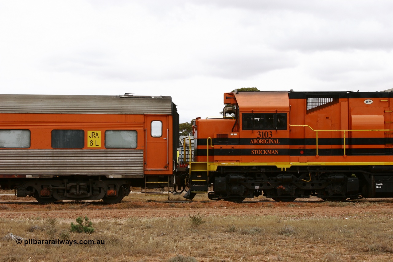 051101 6583
Parkeston, Australian Southern Railroad JRA type crew accommodation coach JRA 6, originally built in 1958 by SAR Islington as corten steel V&SAR Joint Stock roomette sleeping car Tarkinji for The Overland. Recoded to JRA 6 1987. Written off and sold in 1995. Converted to ASR crew car 1999. It is now ADFY 6 with GWA and no longer has the fluted sides.
Keywords: JRA-type;JRA6;SAR-Islington-WS;Tarkinji;