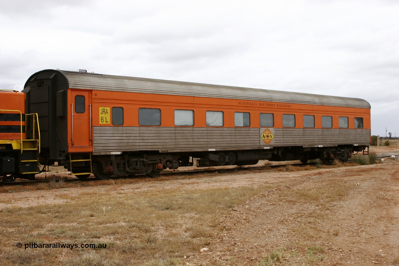 051101 6601
Parkeston, Australian Southern Railroad JRA type crew accommodation coach JRA 6, originally built in 1958 by SAR Islington as corten steel V&SAR Joint Stock roomette sleeping car Tarkinji for The Overland. Recoded to JRA 6 1987. Written off and sold in 1995. Converted to ASR crew car 1999. It is now ADFY 6 with GWA and no longer has the fluted sides.
Keywords: JRA-type;JRA6;SAR-Islington-WS;Tarkinji;