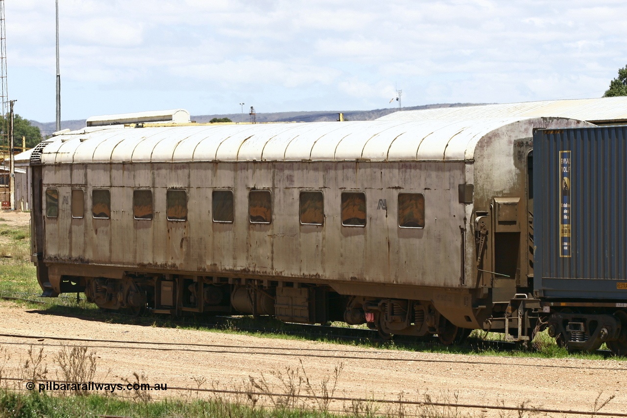 051103 6699
Spencer Junction yard, ECA 162 built by Comeng NSW in 1964 for Commonwealth Railways as a BRE type second class, air conditioned, twin berth staggered corridor steel sleeping car BRE 162. Converted to ECA type crew car in 1991. Seen here under GWA ownership on loan to Pacific National and in use on East-West freighters. Finally it was scrapped at Dry Creek in December 2014.
Keywords: ECA-type;ECA162;Comeng-NSW;BRE-type;BRE162;